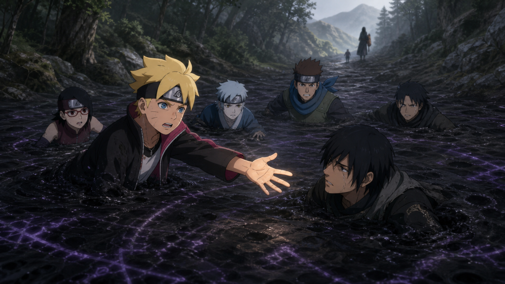 Boruto reaches toward Hiruga while Team 7, Konohamaru, and Mugino sink inside a black forbidden-jutsu mire in Boruto Episode 165
