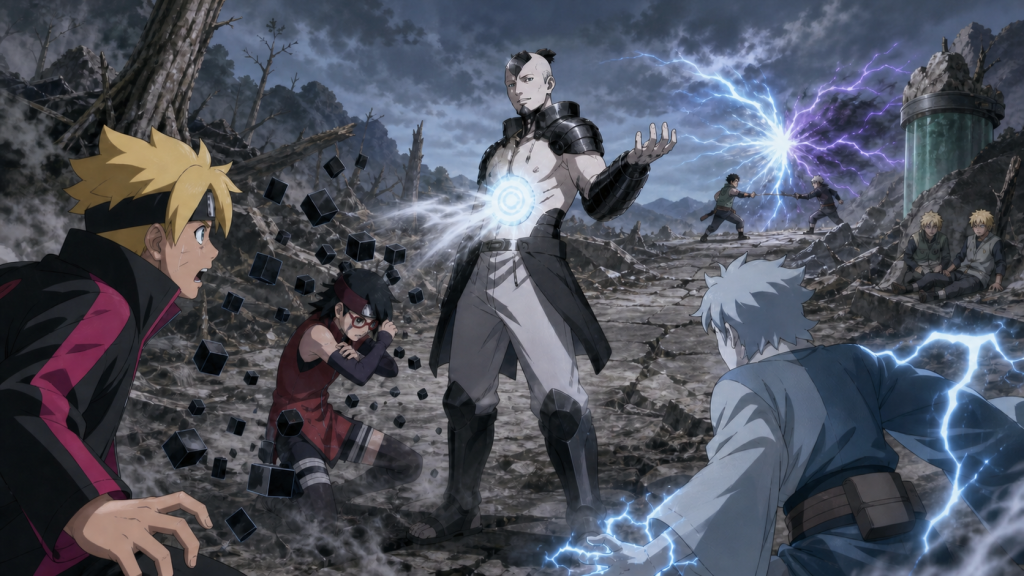 Boruto, Sarada, and Mitsuki attack Deepa’s carbon armor while Victor separates Konohamaru and Mugino in Boruto Episode 166