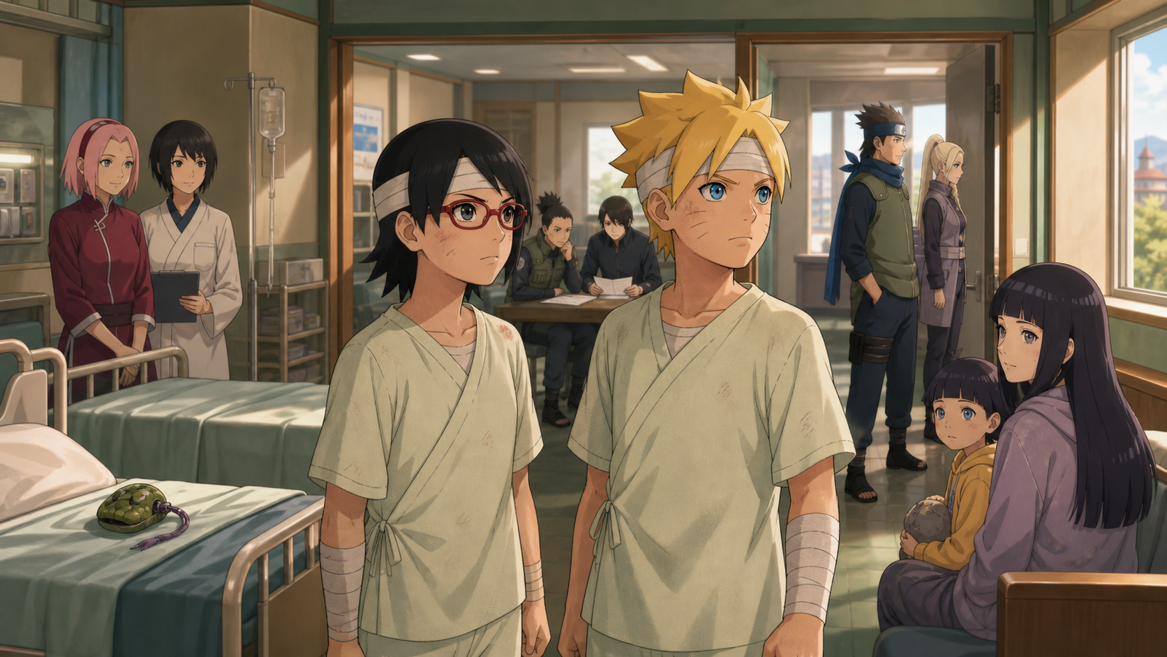 Boruto and Sarada recover in the Leaf hospital as Sakura, Shizune, Hinata, Himawari, Konohamaru, and Mugino face the aftermath in Boruto Episode 167