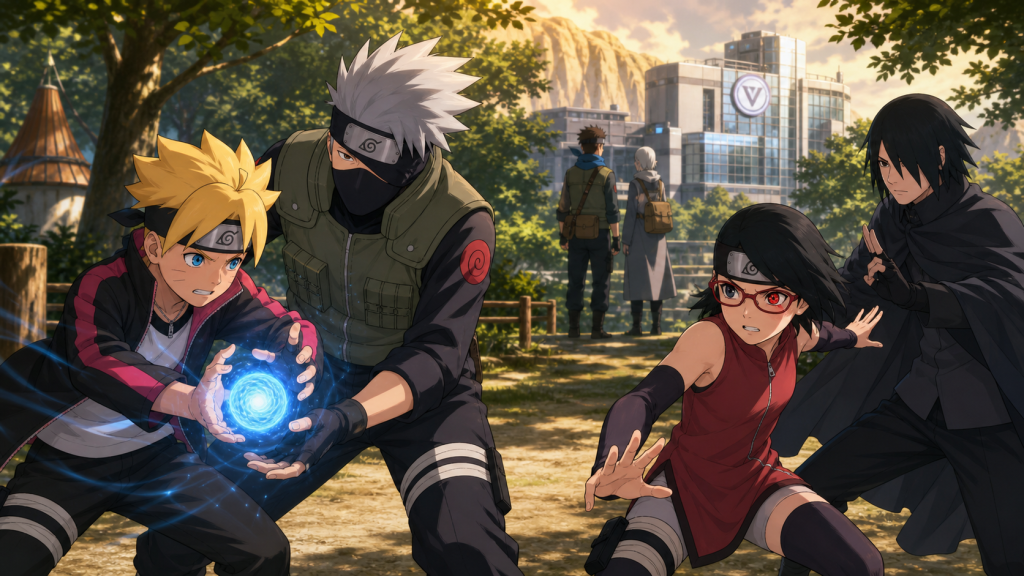 Kakashi guides Boruto’s wind-style Rasengan training while Sasuke drills Sarada’s Sharingan and Konohamaru and Mugino watch Victor’s company in Boruto Episode 168