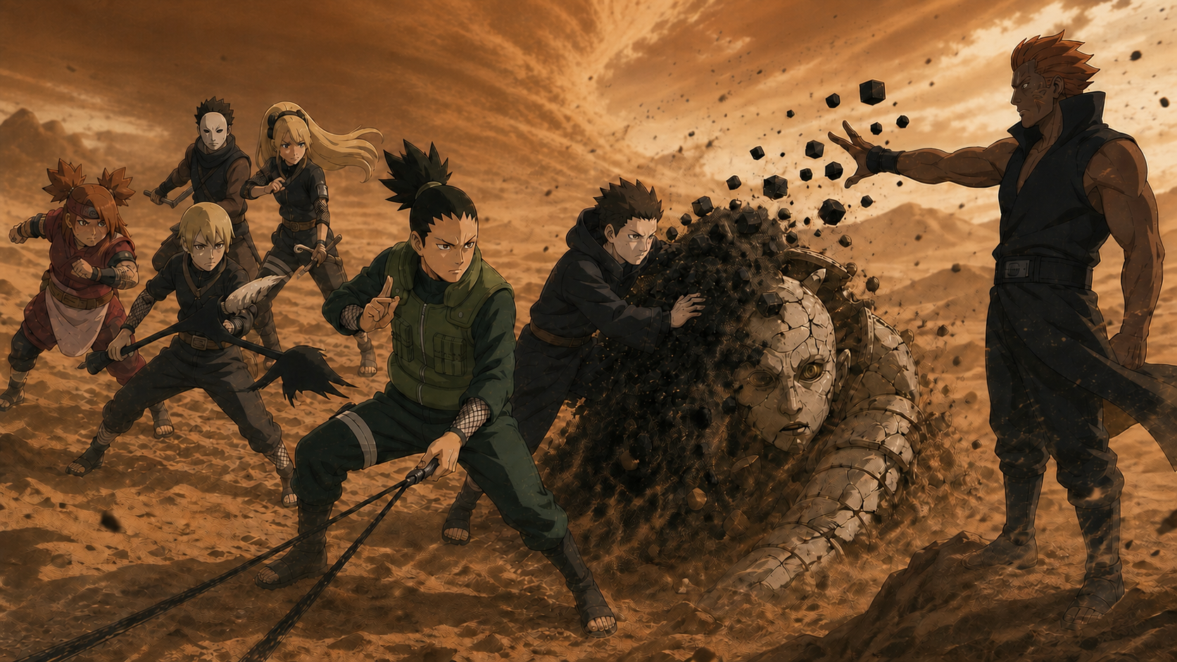 Shikadai and Shinki lead Team 10 and Team Shinki against Deepa while destroying an Otsutsuki puppet in Boruto Episode 169