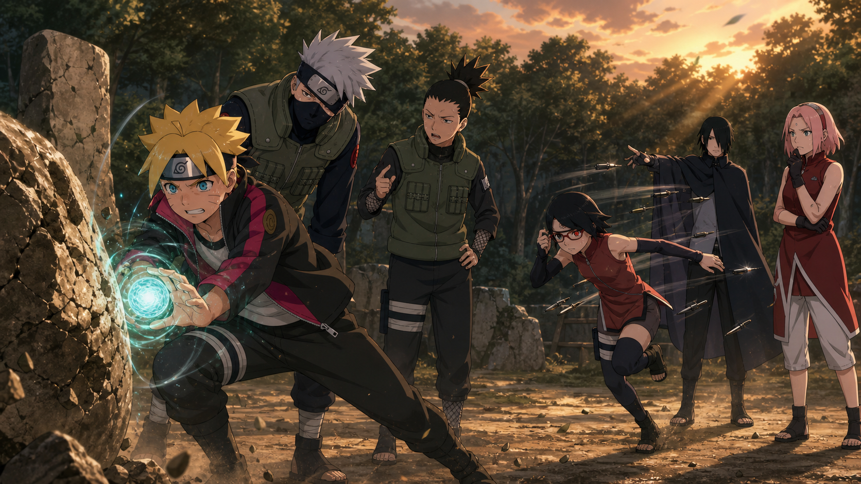 Boruto compresses a wind Rasengan under Kakashi and Shikadai’s guidance while Sarada trains her Sharingan with Sasuke and Sakura watches in Boruto Episode 170