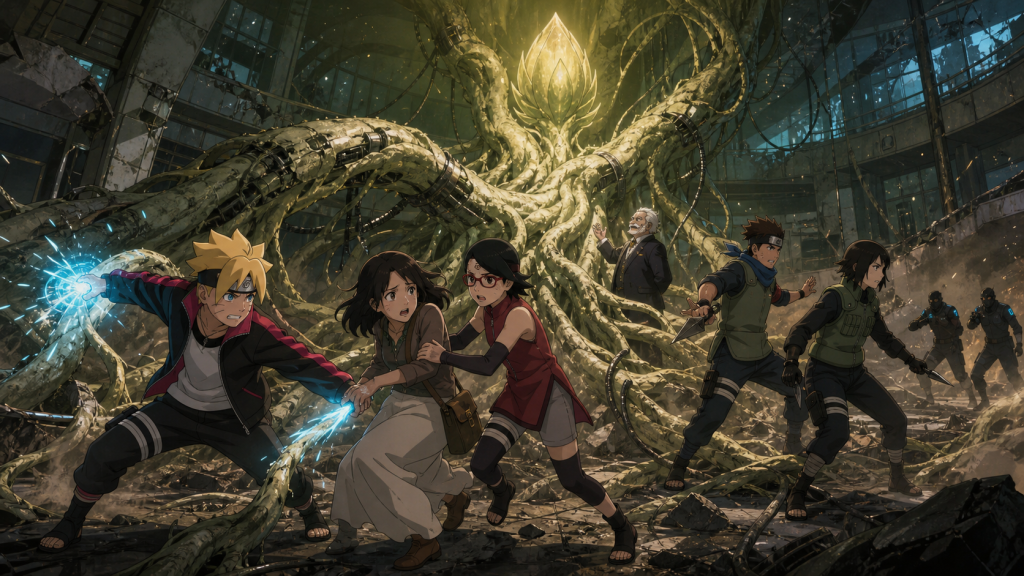 Boruto and Sarada evacuate Mia as Victor’s artificial Divine Tree destroys the laboratory and Konohamaru and Mugino defend the escape route in Boruto Episode 174