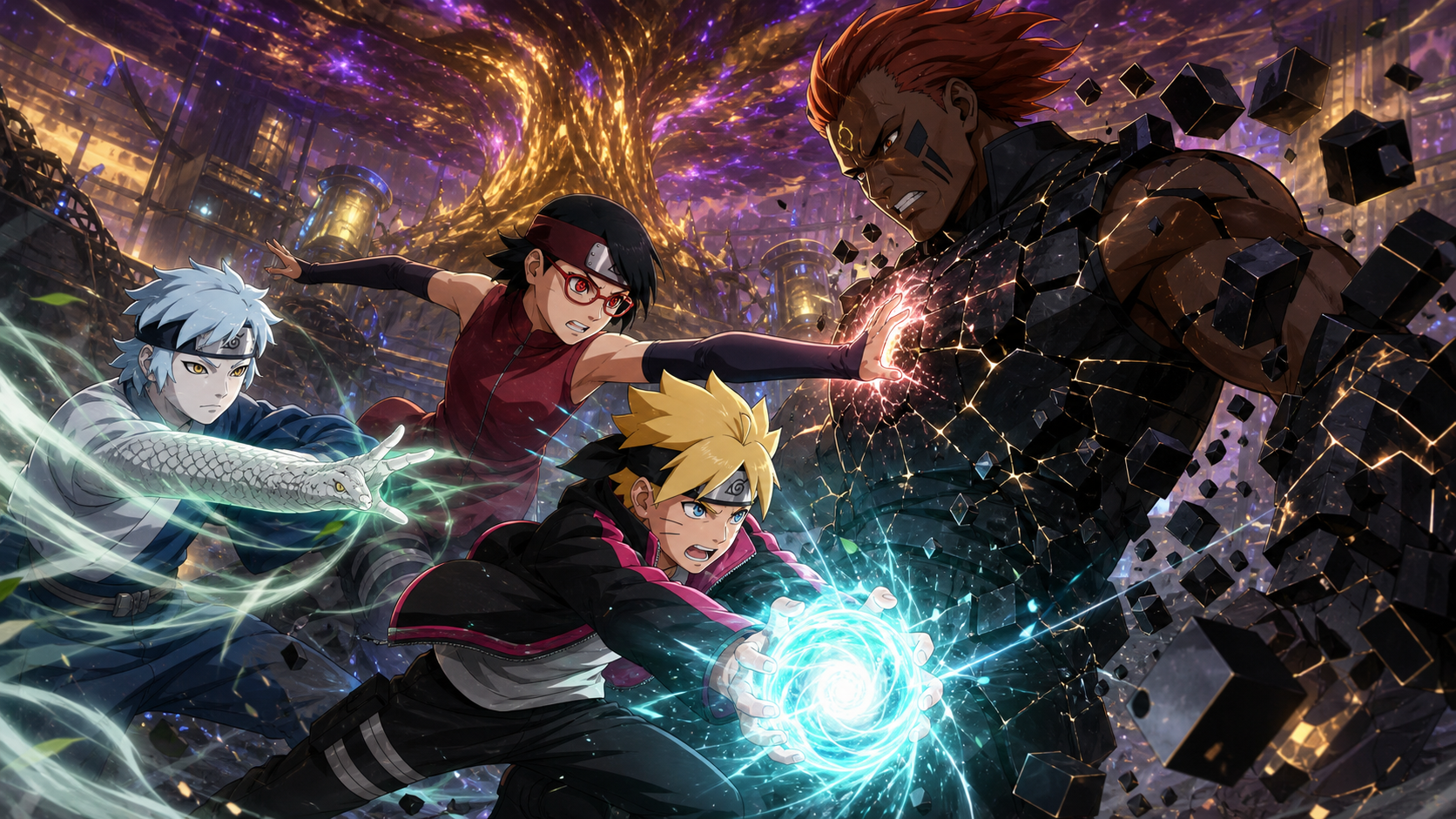 Boruto, Sarada, and Mitsuki combine their attacks against Deepa beneath Victor’s burning artificial Divine Tree in Boruto Episode 175