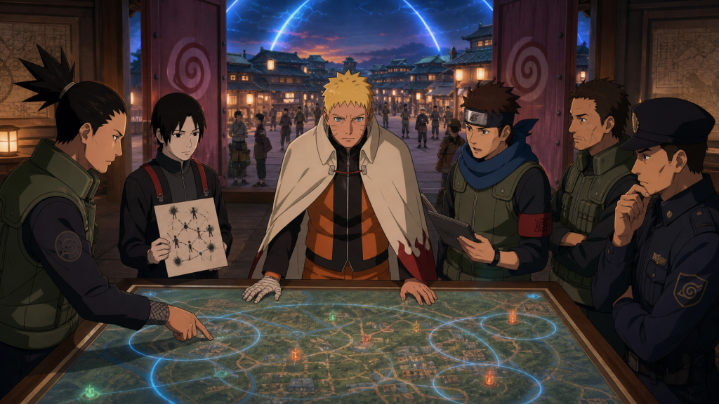 Naruto, Shikamaru, Sai, Konohamaru, Mugino, and a Konoha police officer plan village security around the A-Un Gate sensing barrier in Boruto Episode 176