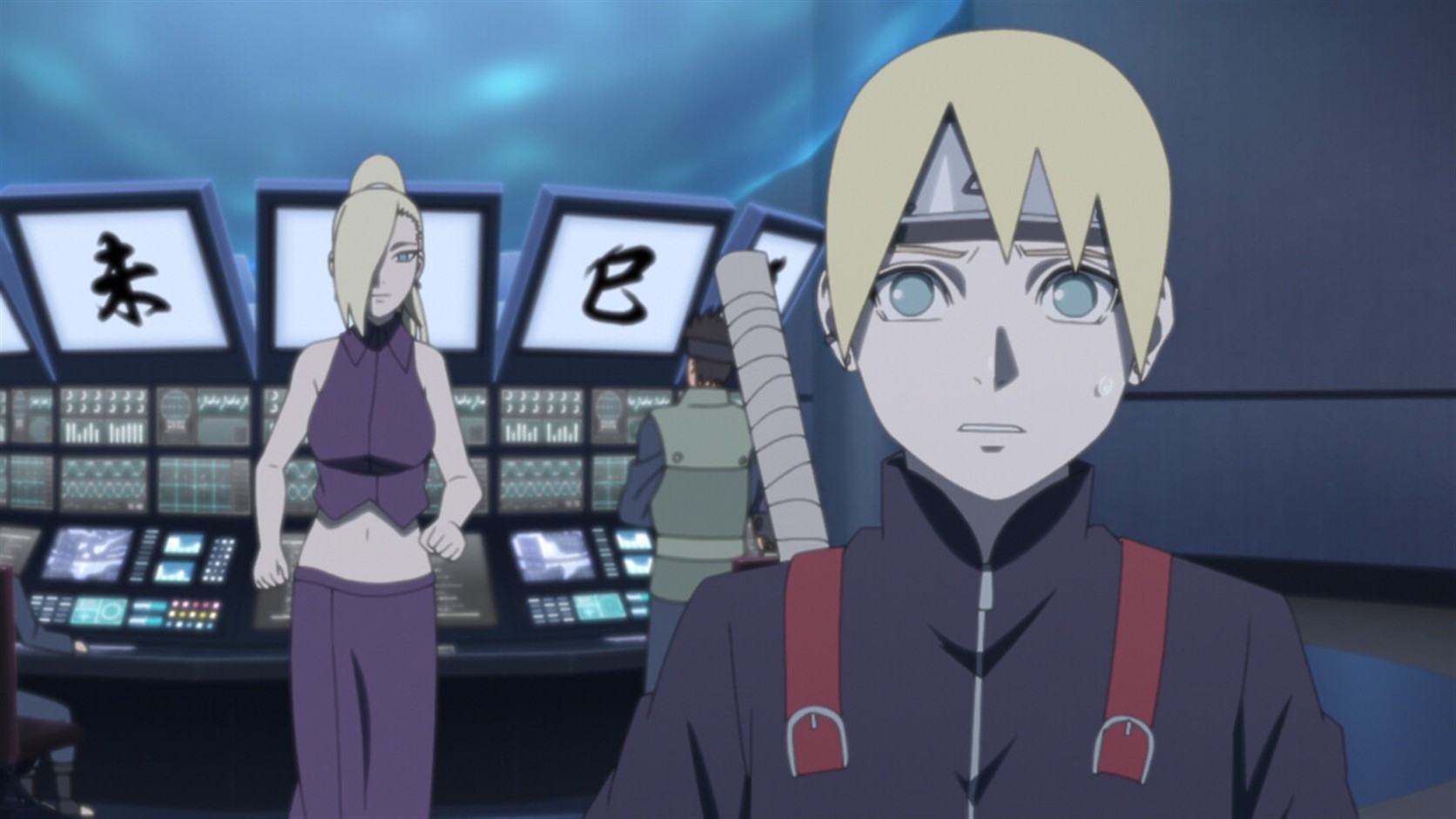 Inojin and Ino inside Konoha's sensory operations room during the new chakra detection system test in Boruto Episode 177