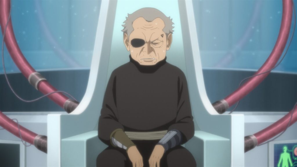 Victor sits inside Kara's medical chamber while his modified body fails in Boruto Episode 179