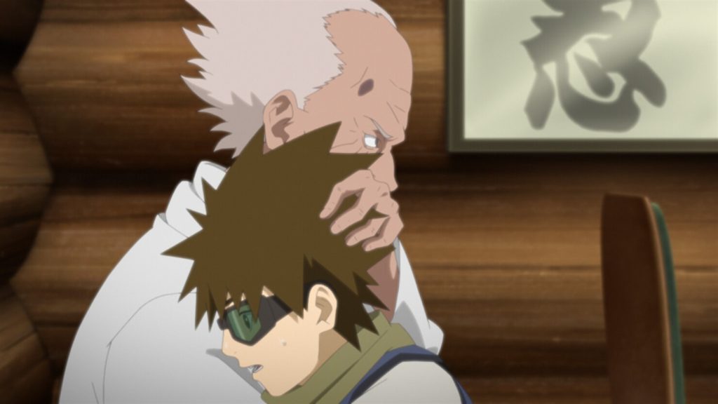 Hiruzen Sarutobi comforts young Mugino after freeing him from an assassination order in Boruto Episode 180