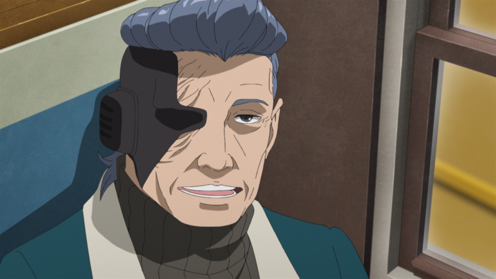 Ao smiles on the Thunder Train with his scientific ninja prosthetic eye visible in Boruto Episode 182