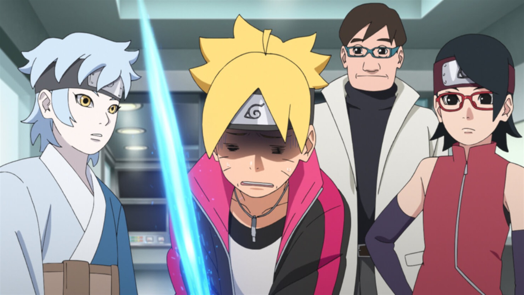 Boruto struggles with a chakra blade prototype as Mitsuki Sarada and Katasuke watch in Episode 183