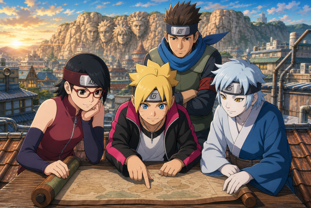 Boruto, Sarada, Mitsuki and Konohamaru study the complete 293-episode Boruto route above modern Konoha