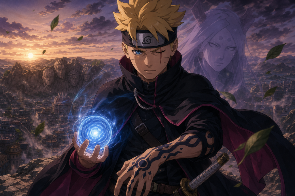 Older Boruto Uzumaki holding a Rasengan with Karma markings, scarred eye and Momoshiki's shadow above Konoha