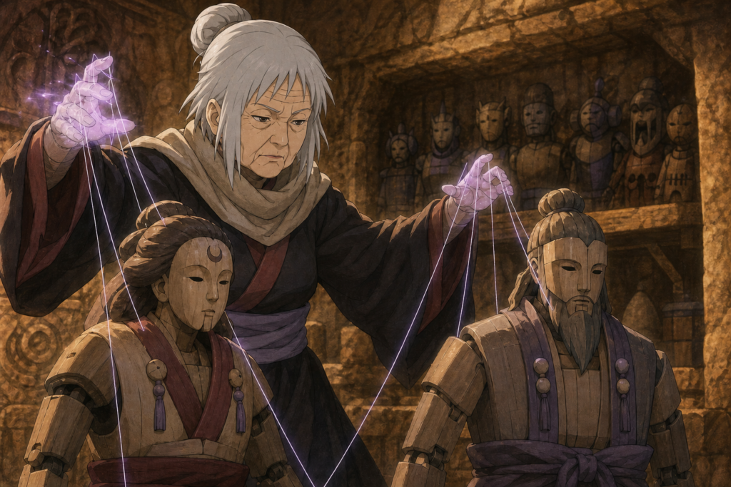 Elder Chiyo controlling Mother and Father puppets with chakra strings in a Sunagakure workshop