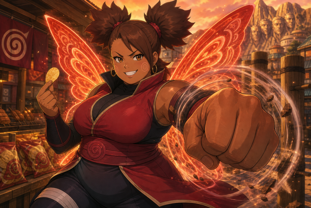 Chōchō Akimichi enters Butterfly Mode in Konoha with chakra wings and an enlarged Akimichi fist
