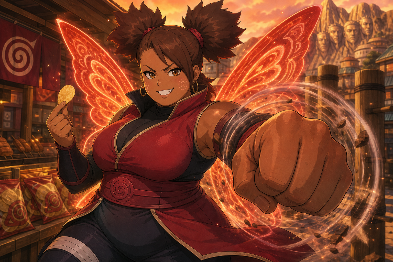 Chōchō Akimichi enters Butterfly Mode in Konoha with Akimichi chakra wings and an enlarged fist