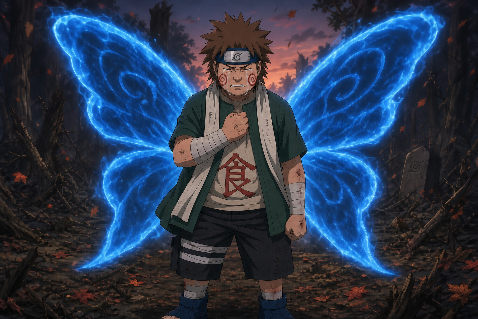 Chōji Akimichi stands in a damaged forest with glowing blue butterfly chakra wings after using the Three Coloured Pills
