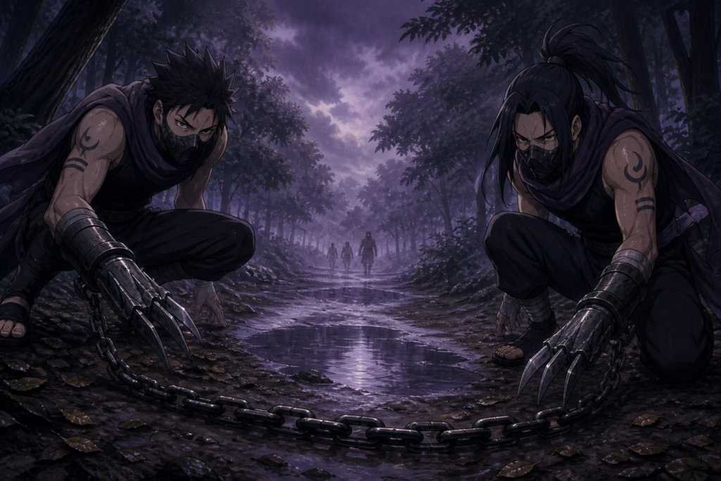 Gōzu and Meizu crouch across a rain-dark forest road with claw gauntlets and a linked chain beside the deceptive puddle
