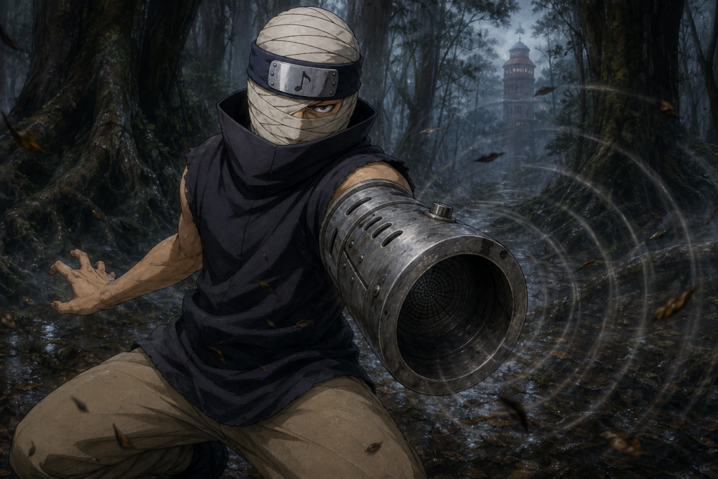 Dosu Kinuta extends his Melody Arm as sound bends mist and leaves in the Forest of Death