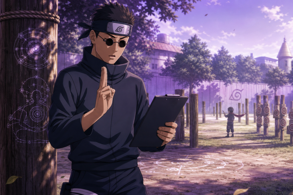 Ebisu forms a precise hand seal beside training notes in a Konoha practice yard wearing round sunglasses and his bandanna-style forehead protector