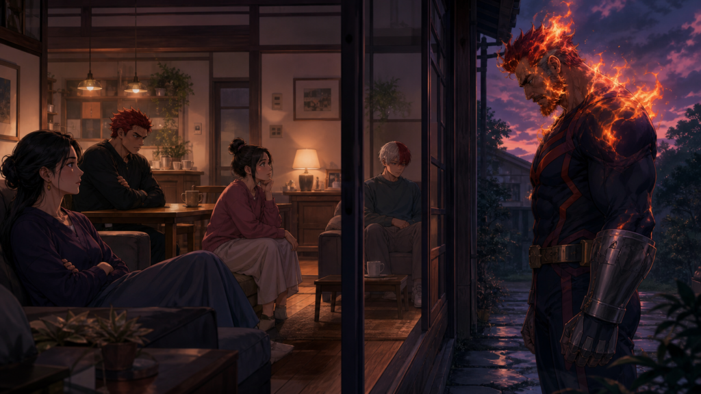 Flame-powered hero father stands outside a family home while adult relatives decide their own boundaries inside