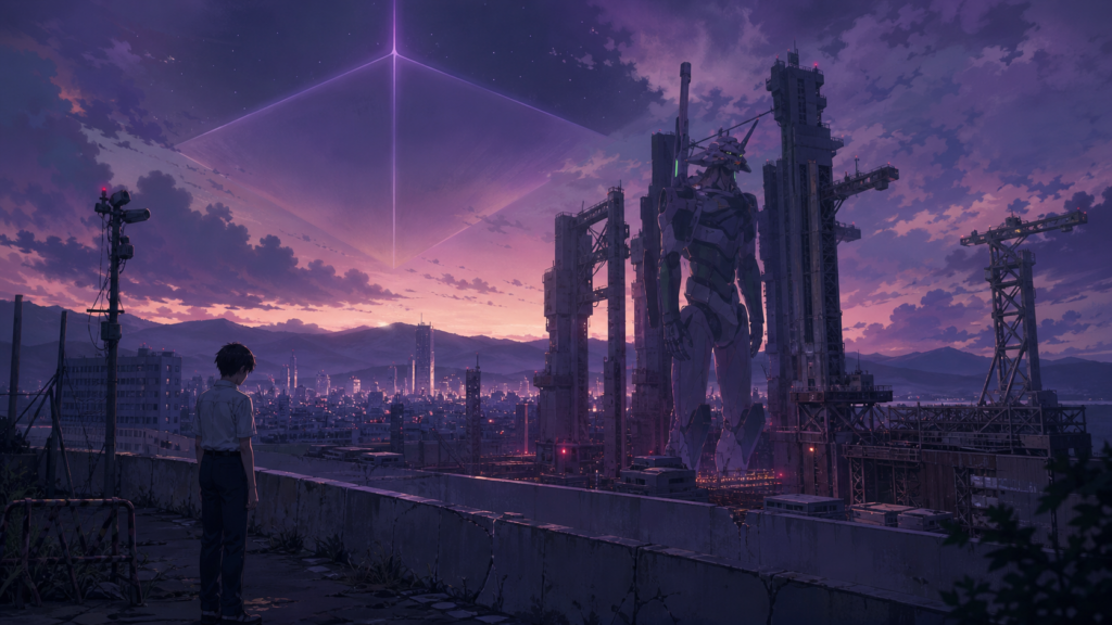 Original Evangelion 1.0 review fan art showing a teenage pilot facing a fortified city and towering biomechanical guardian