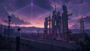 Original Evangelion 1.0 review fan art showing a teenage pilot facing a fortified city and towering biomechanical guardian