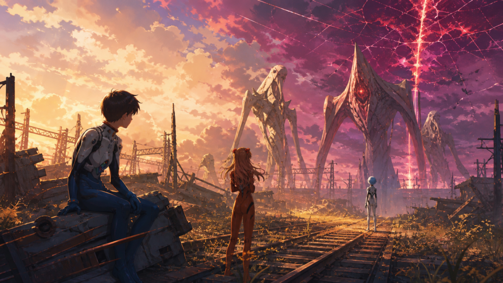 Original Evangelion 2.0 review fan art showing three pilots in a ruined rail yard beneath a fractured sky