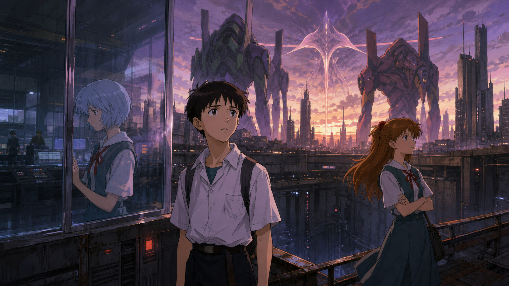 Three Evangelion pilots face Tokyo-3 beneath biomechanical guardians in animated series artwork