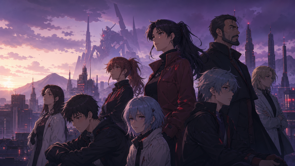 Evangelion characters gather above Tokyo-3 beneath a distant biomechanical silhouette.