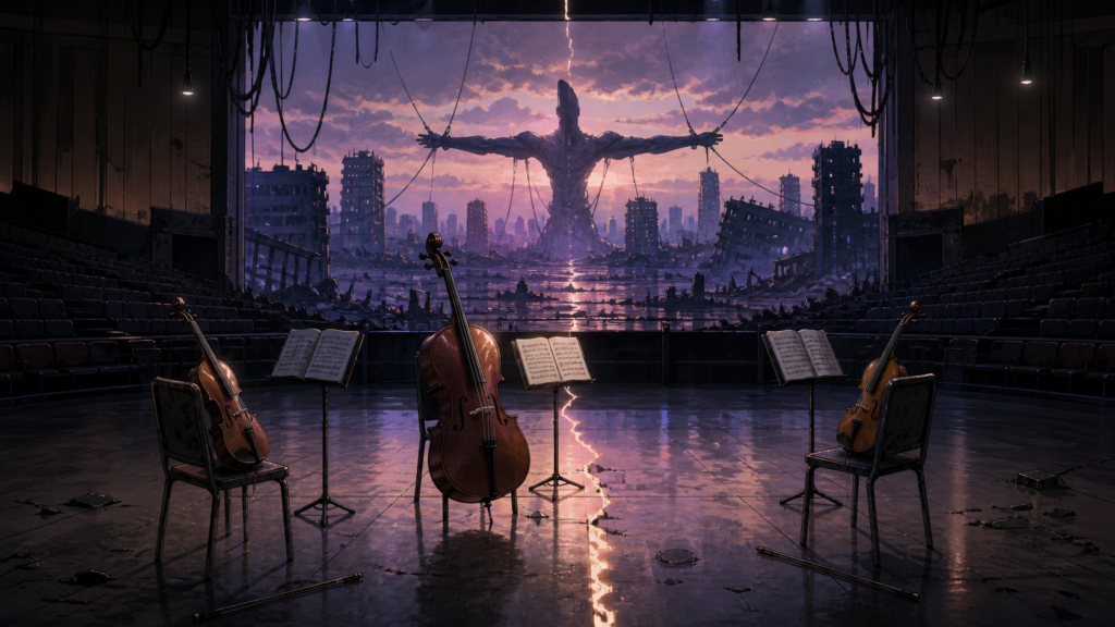 Death and Rebirth review fan art showing an empty rehearsal hall before catastrophe