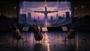 Death and Rebirth review fan art showing an empty rehearsal hall before catastrophe