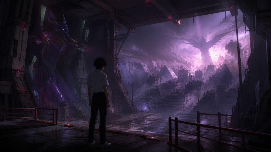 Shinji Ikari faces Sachiel during the first Angel attack in Evangelion Episode 1 fan art