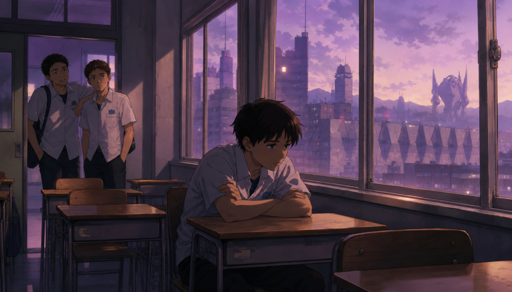 Shinji Ikari sits alone while Toji Suzuhara and Kensuke Aida approach in Evangelion Episode 3 fan art