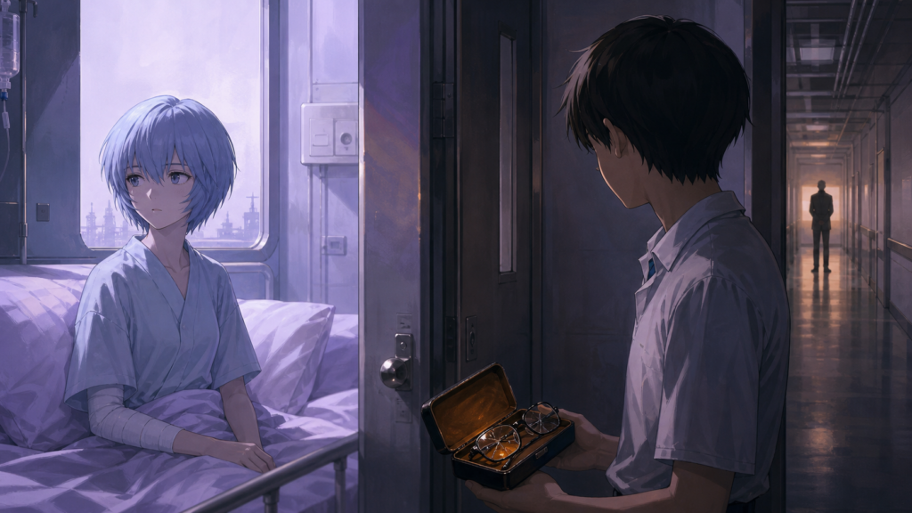 Rei Ayanami stands isolated beneath a clinical ceiling in Evangelion Episode 5 fan art