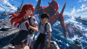 Asuka launches Unit-02 from a naval fleet during the Gaghiel attack in Evangelion Episode 8 fan art