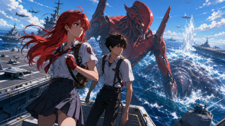Asuka launches Unit-02 from a naval fleet during the Gaghiel attack in Evangelion Episode 8 fan art
