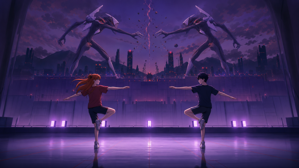 Asuka and Shinji practice synchronized movement before fighting Israfel in Evangelion Episode 9 fan art