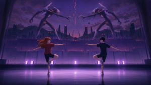Asuka and Shinji practice synchronized movement before fighting Israfel in Evangelion Episode 9 fan art