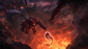 Asuka descends into a volcano in D-type equipment to capture Sandalphon in Evangelion Episode 10 fan art