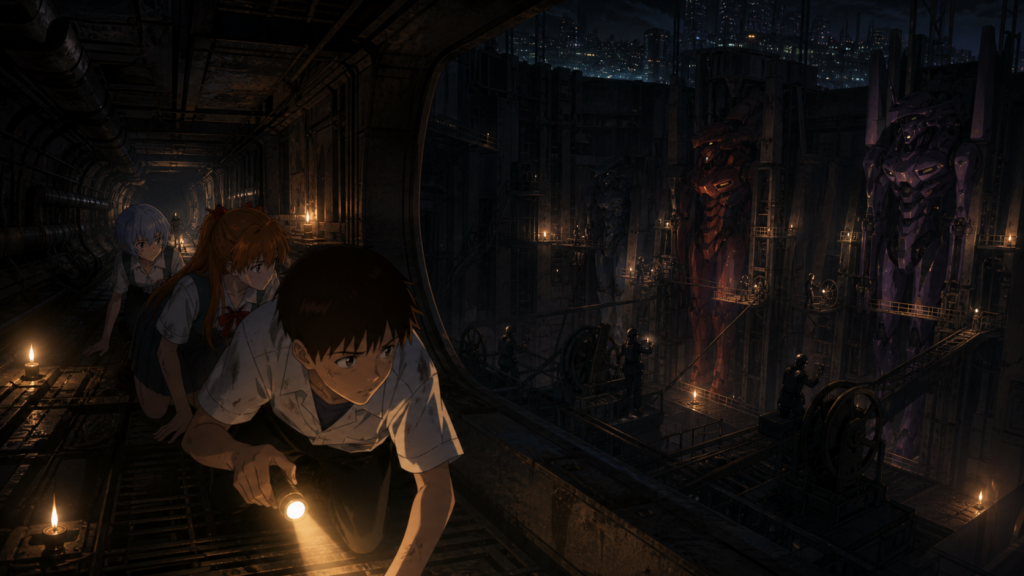 Shinji Asuka and Rei navigate a powerless NERV headquarters during Evangelion Episode 11 fan art