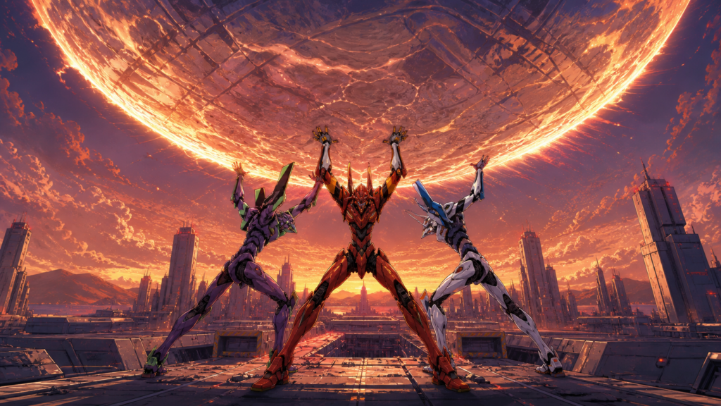 Three Evangelions brace beneath the falling Angel Sahaquiel in original Evangelion Episode 12 fan art