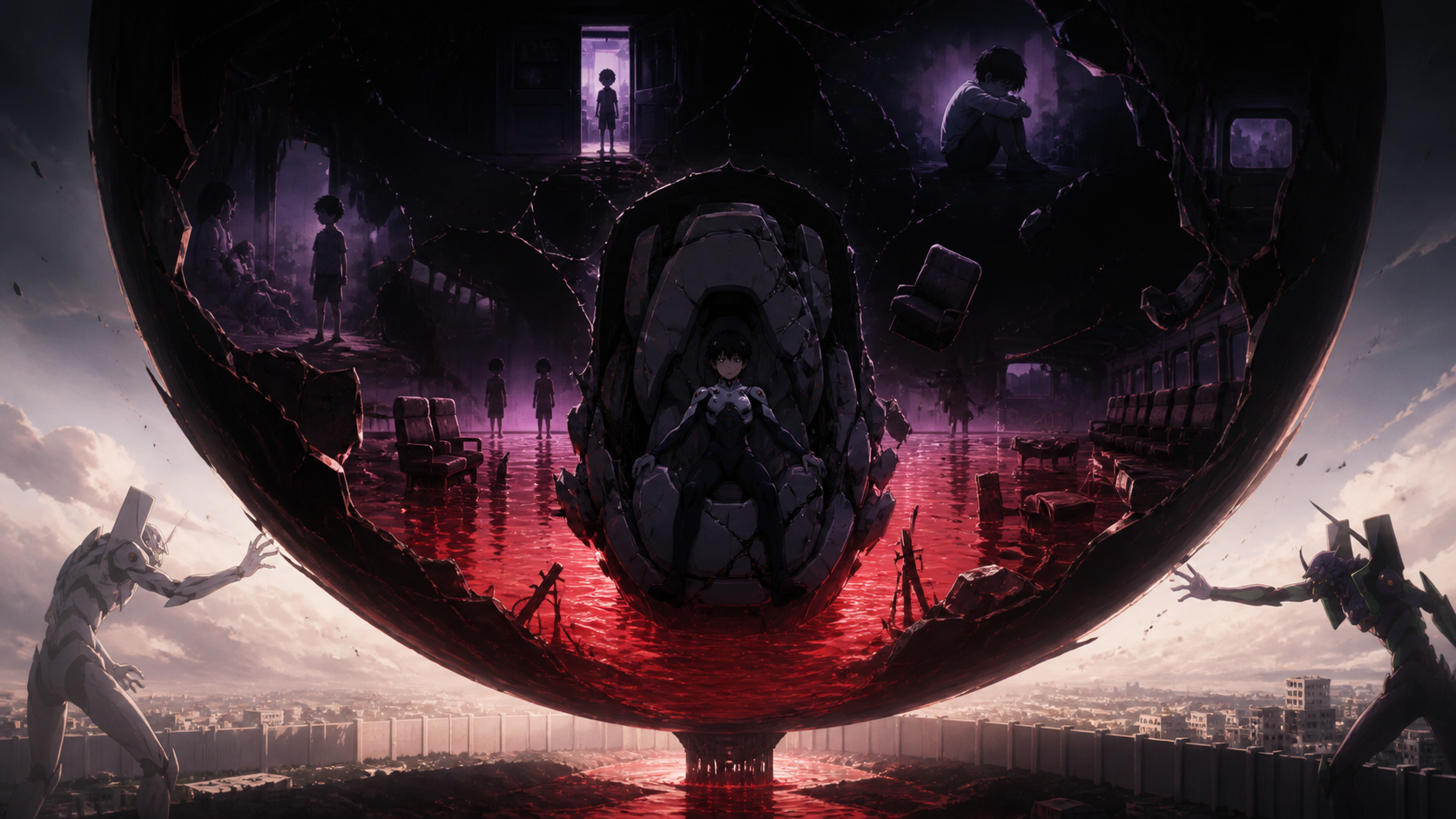 Shinji Ikari and Evangelion Unit-01 disappear into Leliel’s impossible shadow in original Episode 16 fan art