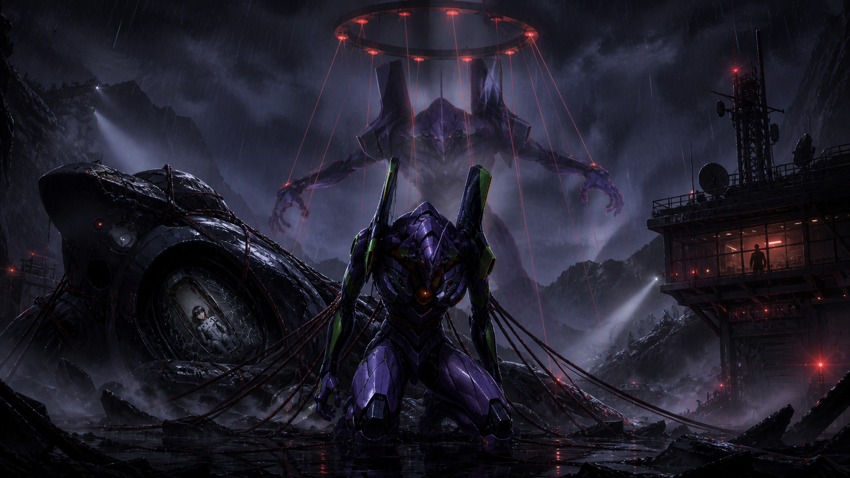 Evangelion Unit-03 stands infected while Shinji confronts Unit-01 and the Dummy Plug in Episode 18 fan art