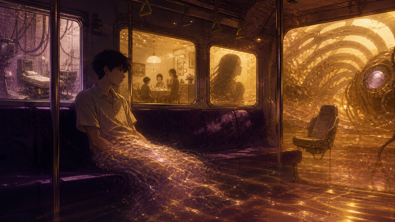 Shinji dissolves into Evangelion Unit-01 while Misato and Ritsuko attempt his recovery in Episode 20 fan art