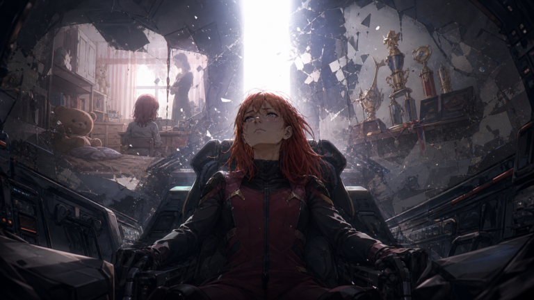 Asuka Langley Soryu faces Arael’s psychic beam above Tokyo-3 in original Evangelion Episode 22 fan art