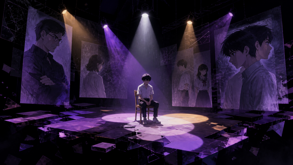 Shinji, Asuka, Misato, and Rei face Human Instrumentality on an abstract stage in original Evangelion Episode 25 fan art