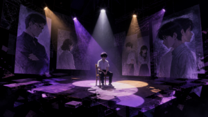 Shinji, Asuka, Misato, and Rei face Human Instrumentality on an abstract stage in original Evangelion Episode 25 fan art