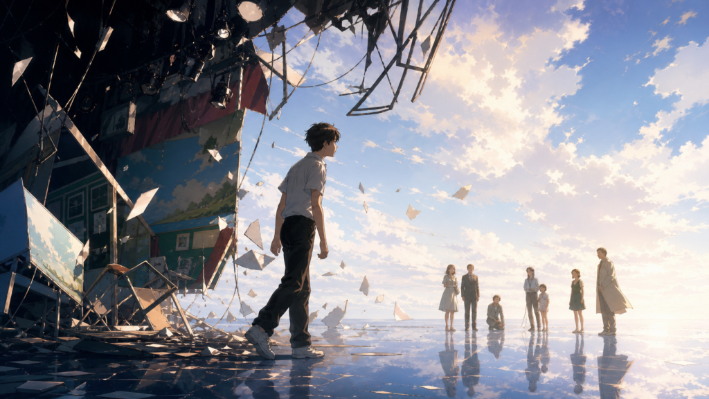 Shinji steps from a shattered stage toward the people who shaped him in original Evangelion Episode 26 fan art