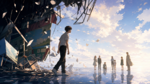 Shinji steps from a shattered stage toward the people who shaped him in original Evangelion Episode 26 fan art