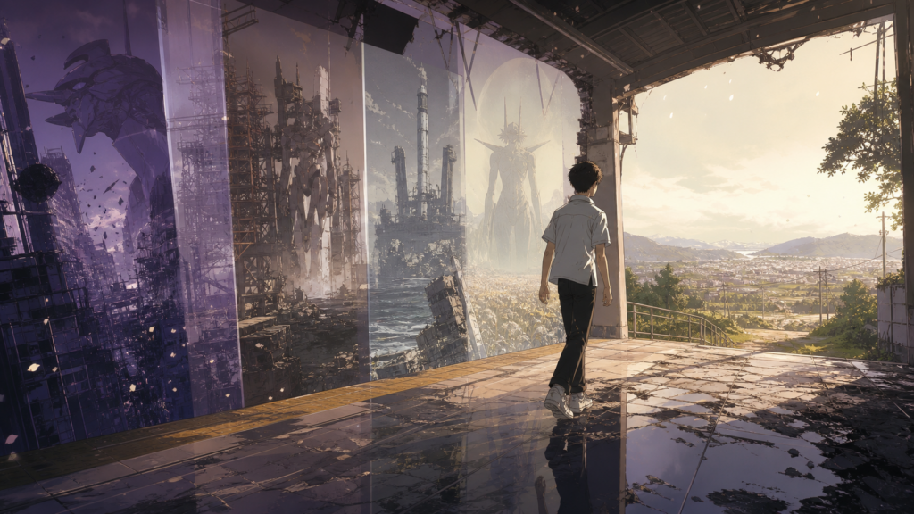 Shinji Ikari walks from a ruined Evangelion city toward a restored world for the Rebuild continuity review